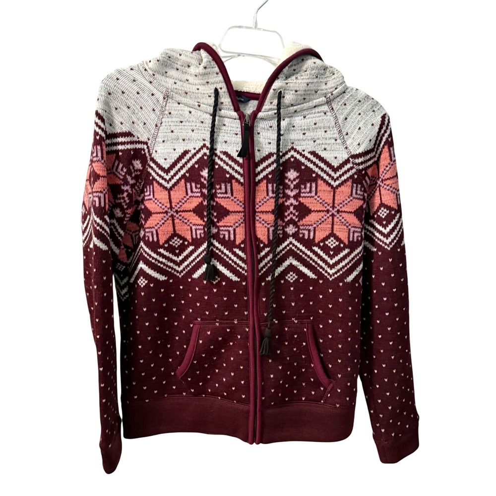American Eagle Full Zip Fair Isle Sherpa Hooded Sweater Burgundy Pink Small